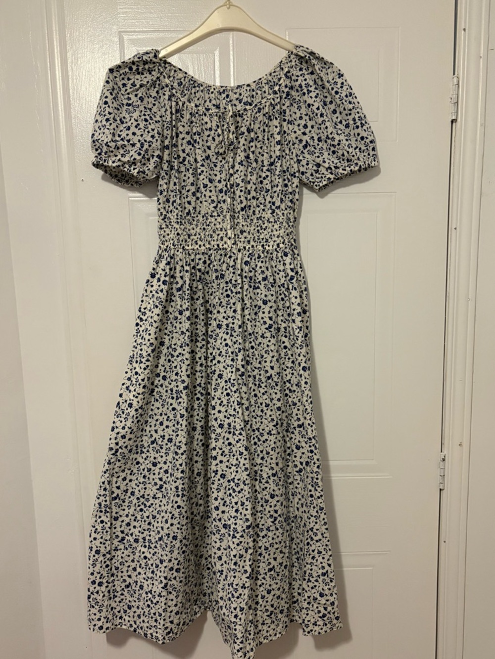 Uniqlo Cream Midi Dress with Blue Floral Print